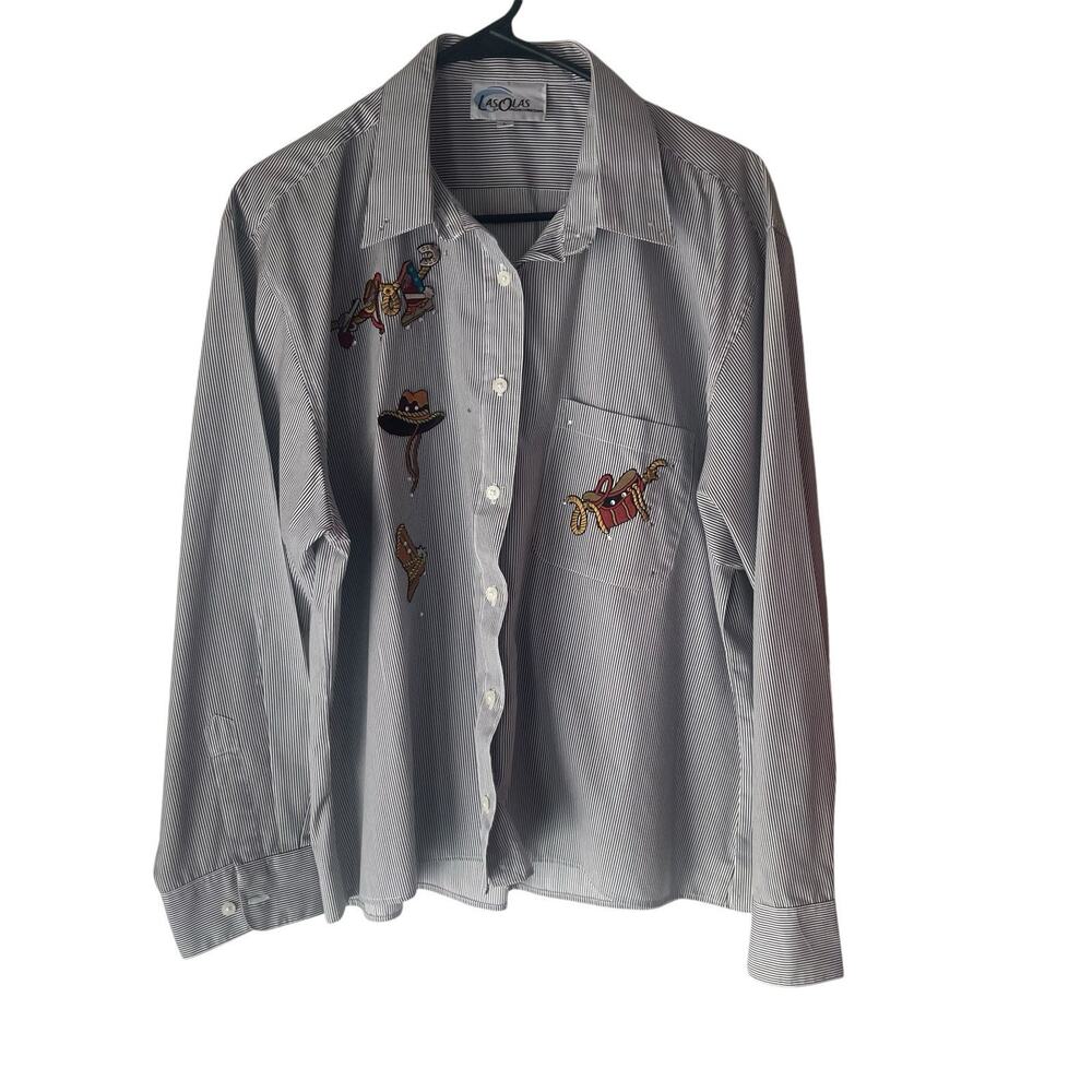 Las Olas Vintage 90s Large Westen Embroidered Black Striped Button‎ Up